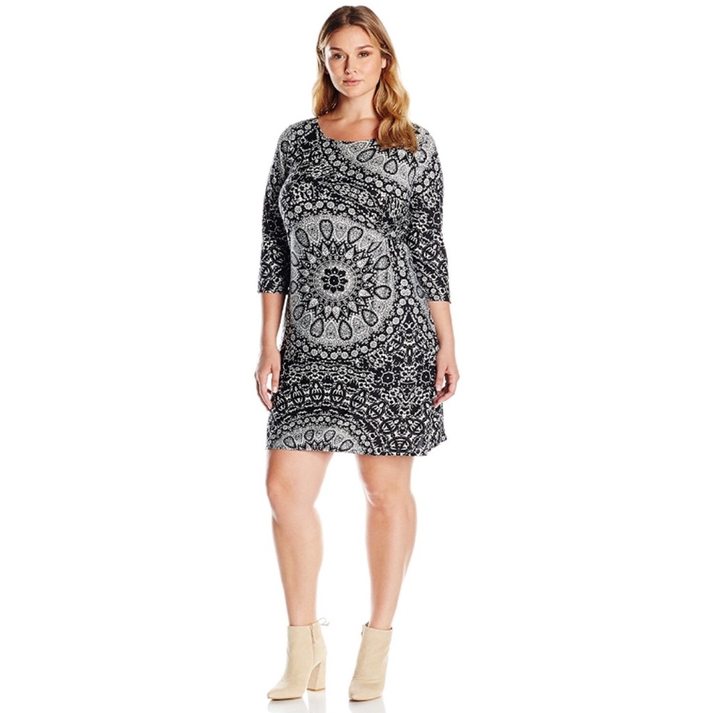 Spring Geometric Floral Print 3/4 Sleeve Midi Dress Grey